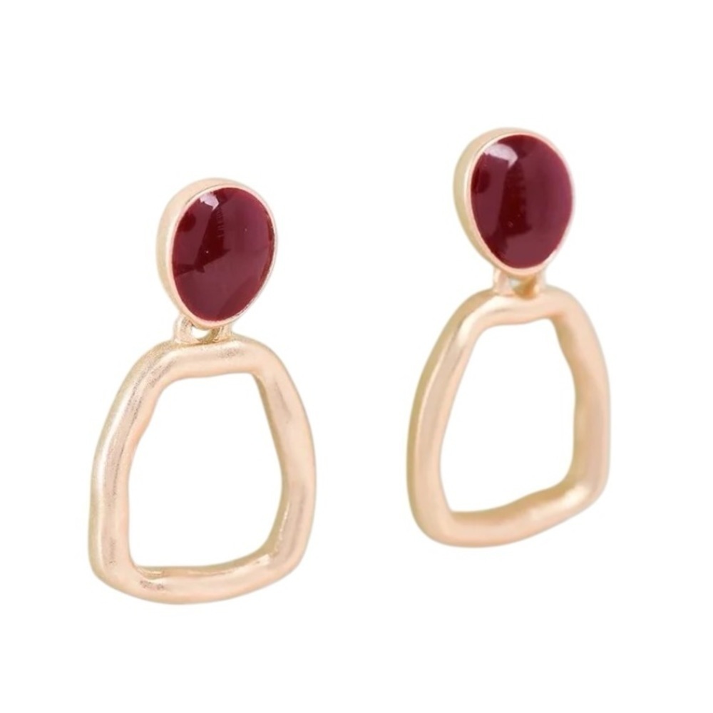 Matte Gold Tone & Ruby Red Colored Stone Drop Earrings for Pierced Ears New!